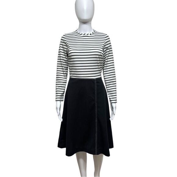 VINTAGE 60s 70s Mod Groovy Black White Polyester Striped Fit & Flare Dress 6 8 S - Picture 2 of 14